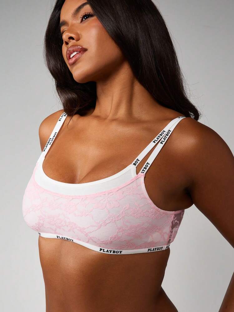 Missguided x Playboy Brassière avec superposition de dentelle de marque avec bretelles logo, coupe souple sans armature, sous-vêtements confortables