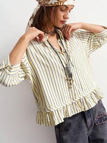 Bohemela 夏季休闲度假条纹荷叶边宽松女式衬衫，女士外出上衣，夏季假日，沙滩装 - 鵝黃色 - 查看 3