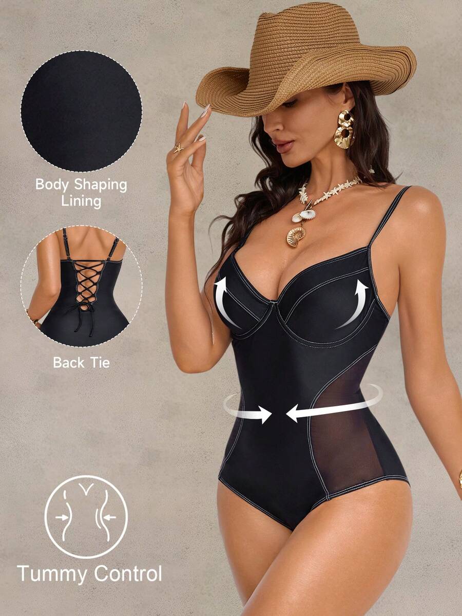 Shapewave Traje de baño de una pieza para mujer con control de abdomen, diseño de patchwork negro con cordón en la espalda para dar forma a la cintura - Negro - Ver 1