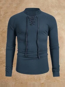 Manfinity BRENVOR 男士休闲罗纹针织系带立领长袖 T 恤，夏季，秋季 - 藍色 - 查看 3