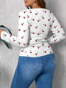 EMERY ROSE Koszulka damska w dużym rozmiarze z nadrukiem wiśniowym i długim rękawem i kwadratowym dekoltem