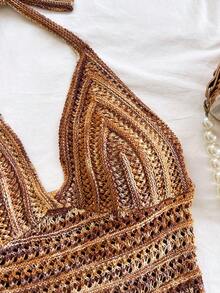 Soleia Women's Vintage Maillard Color Tassel Hem V-Neck Halter Mini Dress, Suitable For Cruise, Holiday, Date, Afternoon Tea, Party, Nightclub, Beach, Island Resort, Road Trip, Hippie, Music Festival, Wedding Season, Boho Vacation Beach Dress, Can Be Worn Inside Or Outside, Suitable For All Seasons Crochet Sets For Women Crochet Skirt Set Earthy Clothes Women Bohemian Brown Two Piece Set Women Western Goddess Outfit Sexy Vacation Dress Fringe Dress Tassel Dress Havana Nights Outfit - Multicolor - View 5