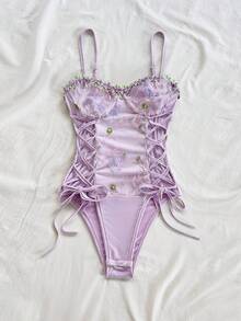 Soleia Purple Mesh Embroidered Green Fishbone Bodysuit For Women, Sexy Vacation Lavender Swimsuit Flower Swimsuit Purple Bathing Suit Lavender One-Piece Embroidered Swimsuit Summer Spring Valentine's Day Casual Vacation  Beach Wedding Birthday Going Out Elegant Casual Vacation Cut Out Swimsuit Summer Spring Valentine's Day Casual Vacation  Beach Wedding Birthday Going Out Elegant Casual Vacation - Multicolor - View 5