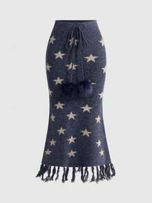 ROMWE Hippie 嬉皮复古波浪流苏五角星提花美人鱼下摆女式针织裙 - 藍色 - 查看 1