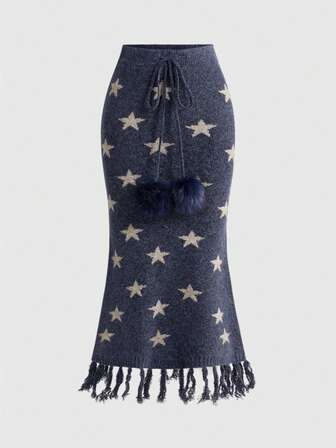 Gonna lavorata a maglia con orlo a coda di sirena, frange ondulate e motivo a pentagramma, stile hippie vintage, per donna