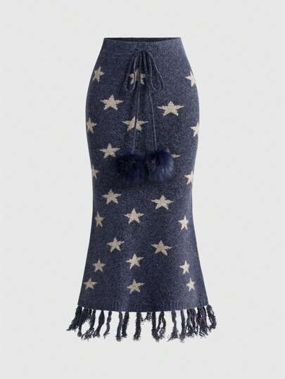 ROMWE Falda de punto con dobladillo de sirena, estampado de pentágono y flecos ondulados de estilo hippie vintage para mujer