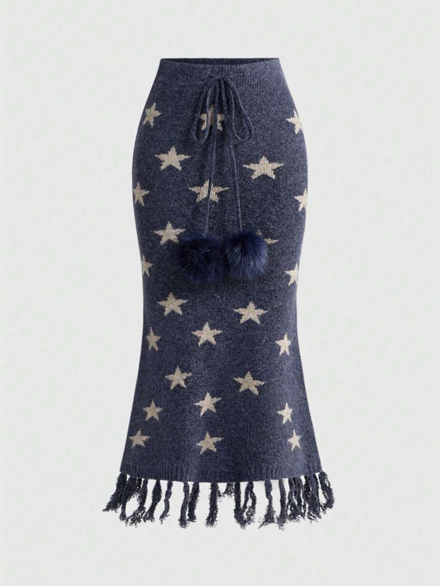 ROMWE Hippie 嬉皮复古波浪流苏五角星提花美人鱼下摆女式针织裙 - 藍色 - 查看 1
