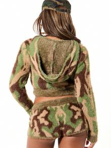 SUMWON WOMEN Áo khoác cardigan ngắn tay có mũ, khóa kéo phía trước, họa tiết rằn ri, chất liệu lông mềm mại, thích hợp cho mùa đông và mùa thu. - Nhiều màu - Xem 2