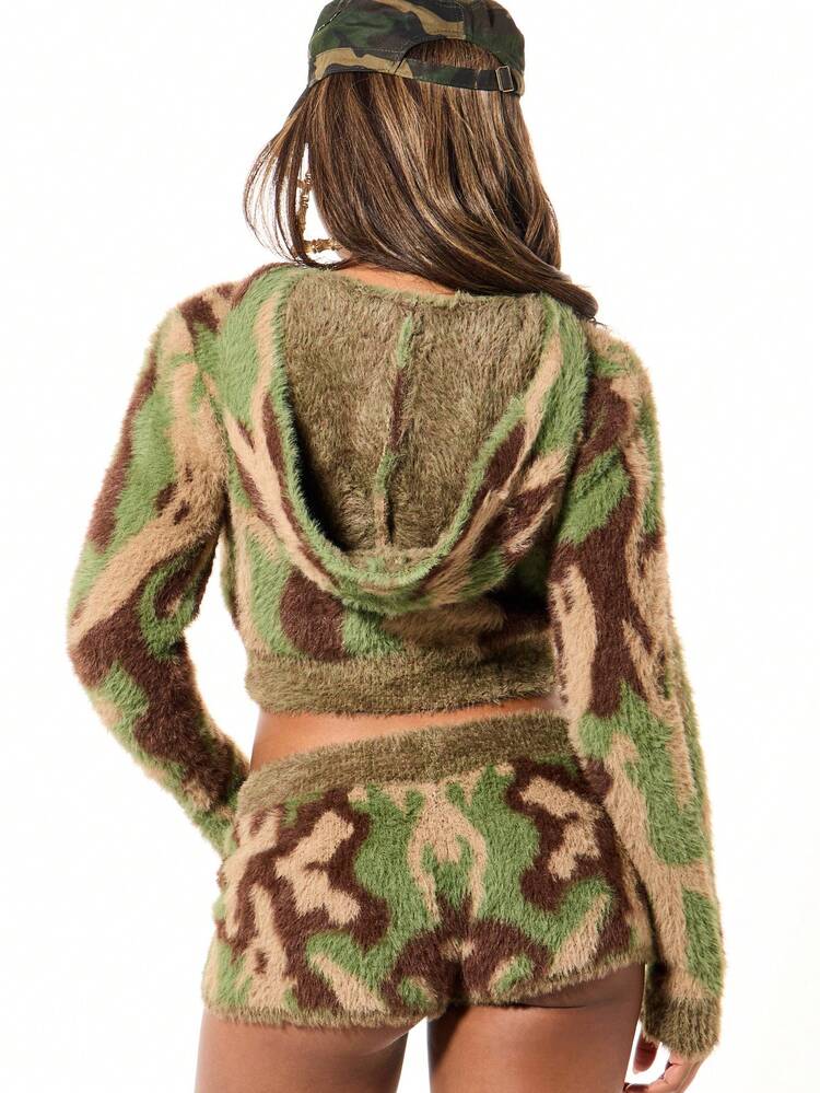 SUMWON WOMEN Camouflage Hooded Zip Front Cardigan