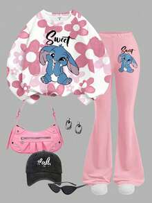 两件套少女休闲宽松蓝色兔子渐变花卉印花圆领长袖卫衣和喇叭裤套装，适合秋冬季节、户外野餐、郊游、街头风、居家、校园穿着。 - 彩色 - 查看 3