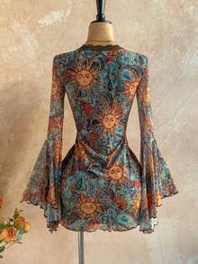 Váy ngắn in họa tiết Bohemian cổ điển dành cho nữ Soleia, cổ chữ V, viền ren hoa, tay dài, bo gấu không đều, váy đi nghỉ chữ A in họa tiết lưới, váy dự tiệc, đêm hẹn hò, bộ thời trang ôm sát gợi cảm, kỳ nghỉ du thuyền, kỳ nghỉ bãi biển, lễ hội âm nhạc, váy đi nghỉ Boho, phù hợp với mọi mùa - Nhiều màu - Xem 2