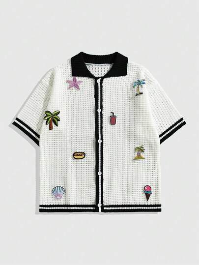 ROMWE MEN Prep Men's Vacation Casual Colorblock Trim Ocean-Themed Embellished Short Sleeve Knit Top