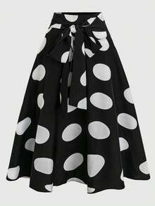 Olithes Women's Elegant Polka Dot Print Tie-Waist A-Line Mid Skirt, Autumn - Black and White - View 3