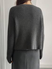 DAZY Women's Fitted Gray Long Sleeve Casual Knit Cardigan - Dark Grey - View 3