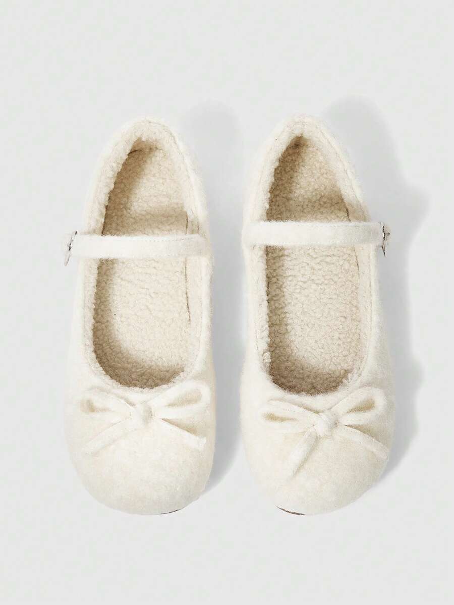 ROMWE Kawaii Schleifenverzierte bequeme Lässig Flache Schuhe, geeignet für Gehen, Reisen und Urlaub, Herbst/Winter - cremefarbener Plüsch - Übersicht 1
