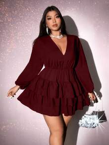 Viva Relle Plus Size Solid Color V-Neck Ruffle Hem Elegant Long Sleeve Dress,Valentine - Burgundy - View 5