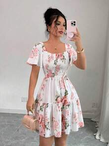 Elenzga petite Robe d'été élégante et romantique pour petite femme, polyvalente pour le quotidien et la plage, design à imprimé floral simplifié, robe mini évasée à manches bouffantes, plusieurs couleurs - Multicolore - Voir 1