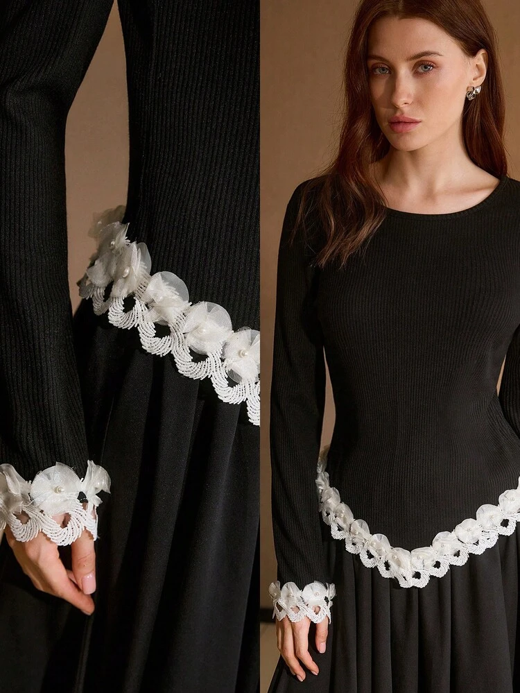 WOMEN'S LONG SLEEVE VINTAGE FRENCH FAUX PEARL DETAIL FLOWER APPLIQUES TOP