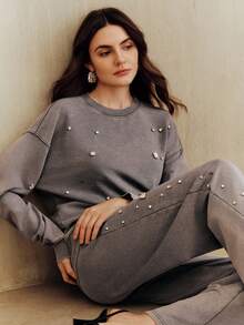 Anewsta Áo nỉ dáng rộng đính đá thủ công đa năng thời trang dành cho nữ - Màu xám đen - Xem 1