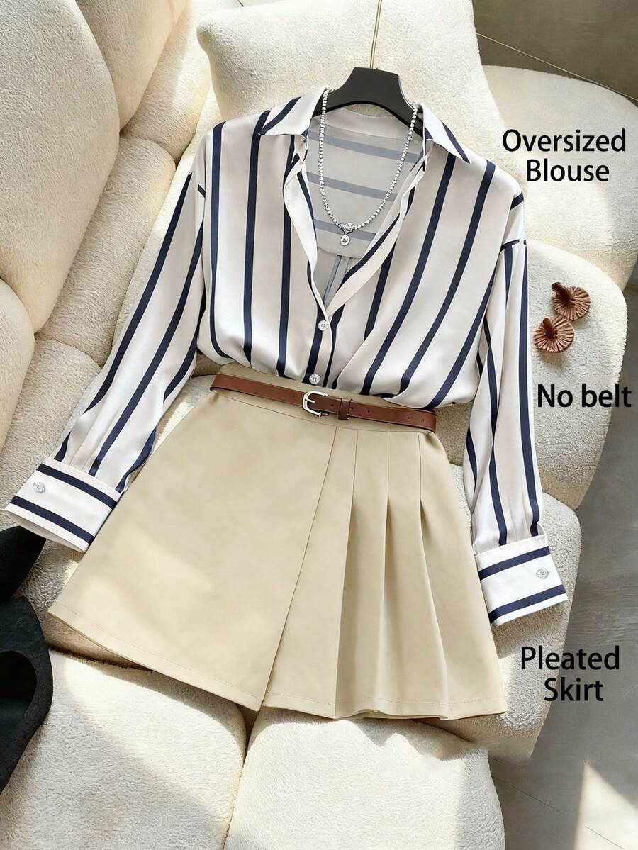 GlowEve Striped Shirt & Asymmetric Pleated Skorts, Elegant 2-Piece Set For Women - Khaki - View 1