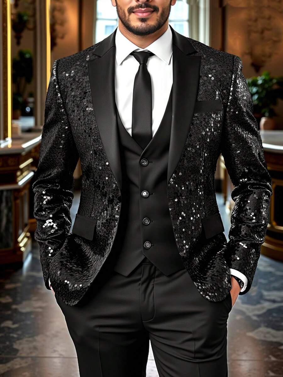 Manfinity AFTRDRK 男士时尚派对亮片斑驳翻领西装外套 - 黑色 - 查看 1