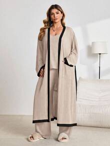 Lazeform Plus Size Contrast Color Robe & Cami Top & Pants Set, Fall & Winter Clothes Sleep Wear, Loose, Cozy Outfit