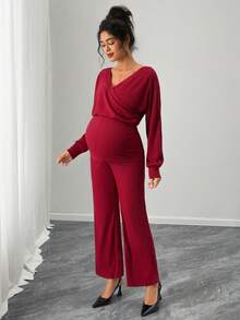 SHEIN 2pcs Maternity Casual Ribbed V-Neck Top & Pants Set - Red - View 4