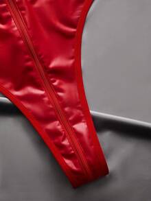 EmpressEnvy Plus Size Sexy Y2K Red Zipper Crotch Criss-Cross PU Patchwork Bodysuit, Suitable For Party, Vacation, Music Festival, Club - Red - View 4
