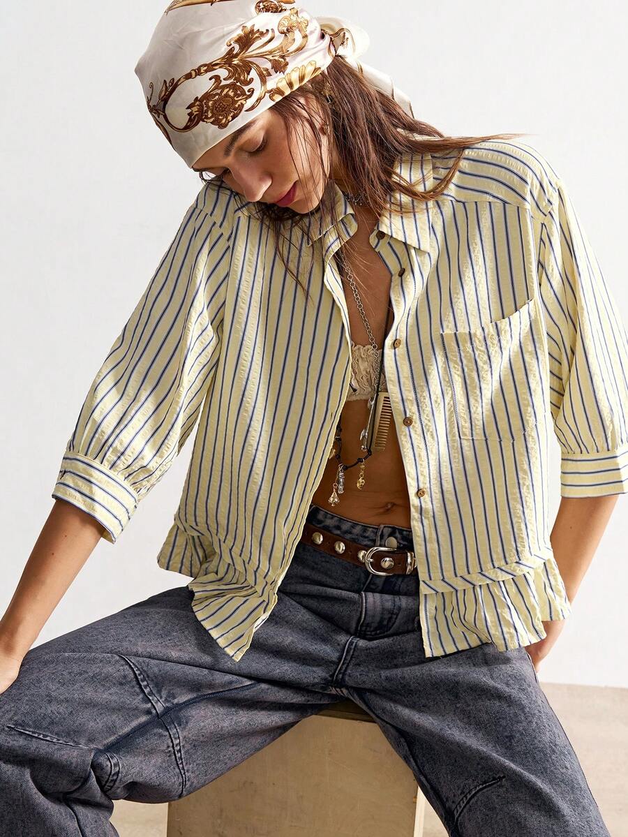 Bohemela 夏季休闲度假条纹荷叶边宽松女式衬衫，女士外出上衣，夏季假日，沙滩装 - 鵝黃色 - 查看 1