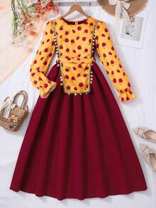 SHEIN Damen Langarm Kleid mit Patchwork-Muster und Rundhalsausschnitt - Rot - Übersicht 3