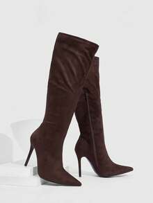 CUCCOO SZL 休闲纯色细跟女式过膝长靴 - 棕色 - 查看 2