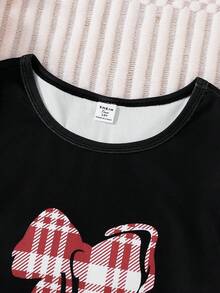 Teenage Girls' Summer Plaid Short Sleeve Shorts Set: Bow & Heart Print Elements, Casual Homewear & Outdoor 2-In-1, Sweet & Cool Style, Comfortable Tight-Fitting 4-Piece Pajama Set  Snug Fit - Multicolor - View 4