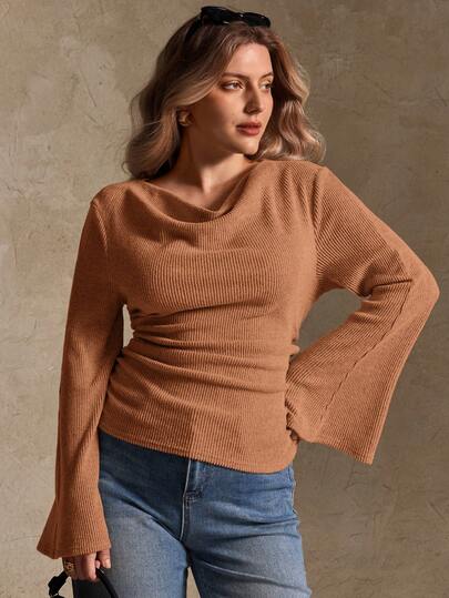 Elegantrix Plus Size Women Loose Collar Flare Sleeve Gathered Waist Ruched Chiffon Knit Casual Top, Autumn/Winter