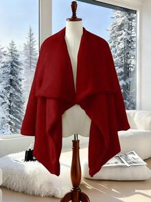 Elenzga 女士纯色蓬松披肩开衫，秋冬新品 - 紅色 - 查看 3