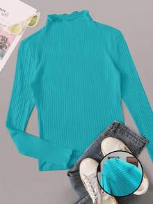 SHEIN EZwear Plus Size Women Solid Color Stand Collar Frill Rib Knit Casual Commuter Long Sleeve T-Shirt - Mint Blue - View 1