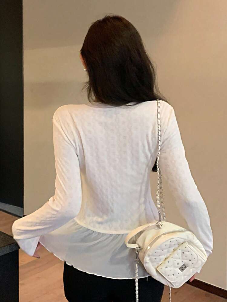 Women's Round Neck Long Sleeve Ruffle Hem Fashion T-Shirt