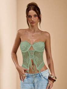 SHEIN BAE 女士系带露肩性感抹胸上衣 - 薄荷綠 - 查看 3