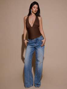 SHEIN BAE 黄色缎面V领露背系带吊带背心，派对鸡尾酒会上衣，正式场合上衣，性感女士缎面背心，圣诞节，鸡尾酒会，商务休闲装，外出上衣 - 咖啡棕 - 查看 3