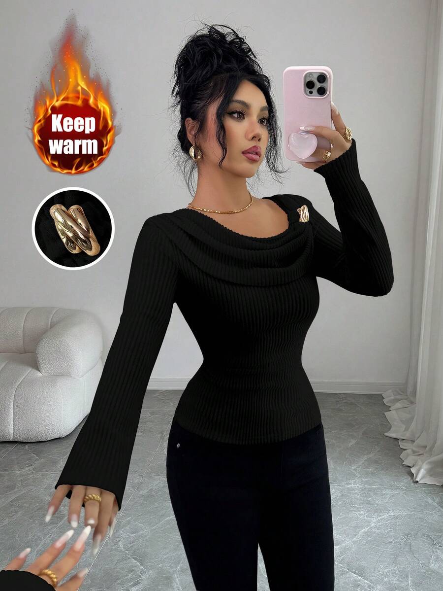 Elenzga Áo thun nữ tay dài cổ bẻ phối gân kim loại mới thanh lịch và trẻ trung - màu đen - Xem 1