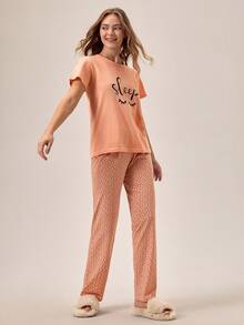 Loomlin 100% Cotton 2Pcs Eye&Heart Printed Short Sleeved Shirt &Long Heart Pattern Sleep Pants PJ Set - Coral Orange - View 3