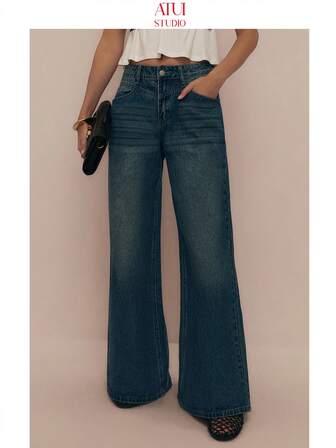 ATUI Studio Jeans casual estivi da donna a vita bassa, outfit estivi da donna, outfit da spiaggia per vacanze, stile europeo estivo, outfit da concerto country, streetwear da donna, jeans larghi da donna, pantaloni a gamba ampia da donna, outfit per il 4 luglio, outfit da concerto country