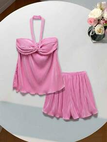 Comfortcana 女士無袖v領褶皺短款上衣和短褲套裝 - 粉色 - 查看 9