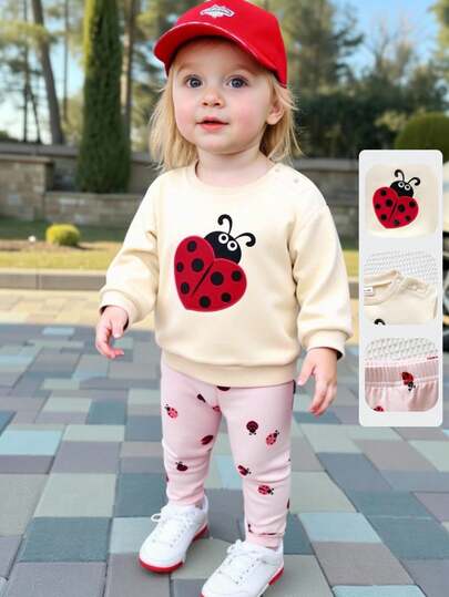 Playful Pals Baby Girl 7-Spot Ladybug Embroidered Round Neck Raglan Sleeve Sweatshirt And Pink 7-Spot Ladybug Digital Print Elastic Waist Pants Set, Comfortable For Casual, Home, Outdoor Play In Autumn/Winter