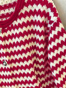 GlowEve CURVE 女士休闲条纹撞色针织开衫，宽松修身长袖大码外套，秋冬款 - 紅色 - 查看 4