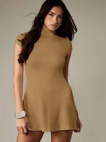 MISSGUIDED Ribbed Knit Mini Dress With Crew Neckline Short Sleeves Fitted Bodycon Style Fall Winter Casual Wardrobe Essential - Beige - View 5