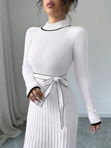 Rafferiza 黑白配色秋季優雅女款修身針織毛衣洋裝，羅紋長袖中長洋裝，派對洋裝 - 白色 - 查看 5