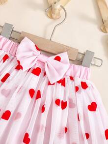 SHEIN Young Girl Valentine's Day Prom Skirt, Fuchsia Cute Shiny Heart & Bow Waist, Pink Tulle Skirt, Suitable For Sweet & Lovely Daily - Multicolor - View 5