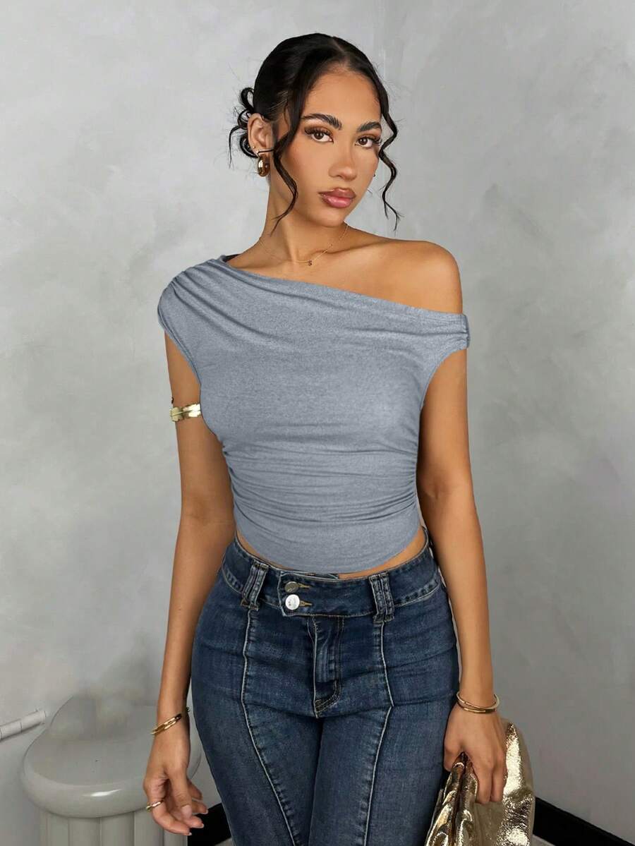 SHEIN BAE Women's Solid Color Ruched Asymmetric Shoulder Summer Top - Light Grey - View 1