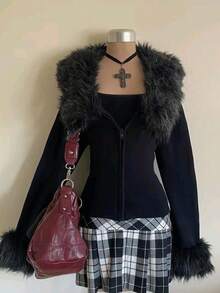 INAWLY Áo khoác nỉ nữ ôm dáng, cổ lông, khóa kéo, chất liệu lông cừu, ấm áp. - màu đen - Xem 3