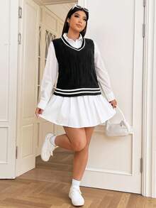 SHEIN EZwear 秋冬加条纹麻花针织毛衣背心（不含衬衫）